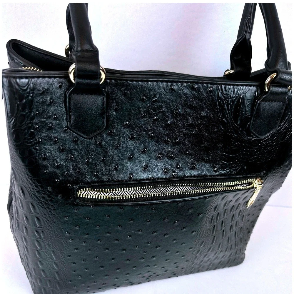 Black faux Ostrich/Croc Embossed Satchel Handbag w/ Tassel‎ & Matching Pouch Set